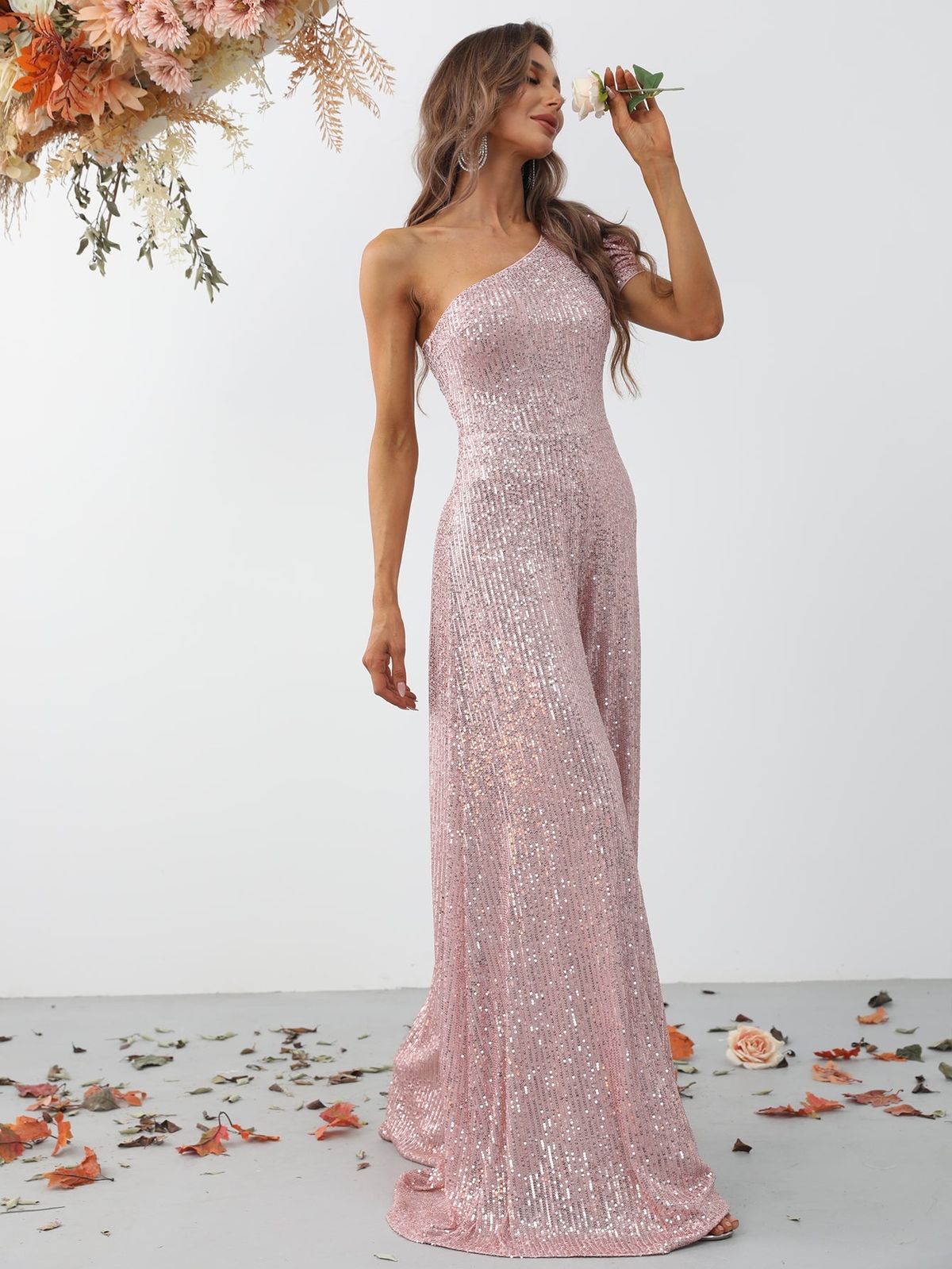 Style FSWB7004 Faeriesty Size S Homecoming One Shoulder Sequined Rose Gold Formal Jumpsuit on Queenly