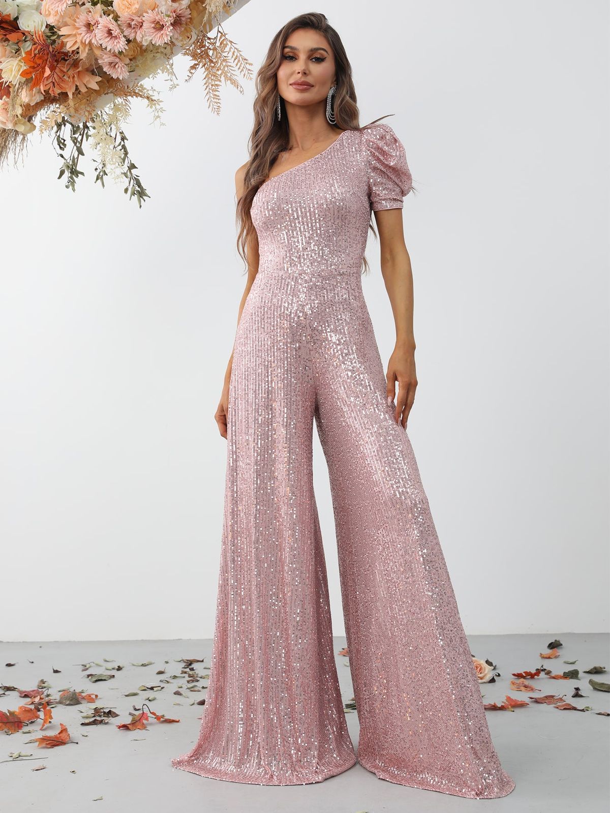 Style FSWB7004 Faeriesty Size M One Shoulder Sequined Pink Formal Jumpsuit on Queenly