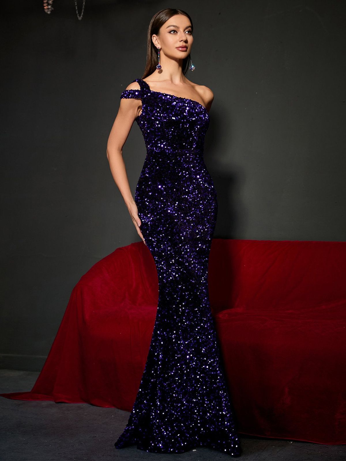 Style FSWD0425 Faeriesty Size S One Shoulder Sequined Purple Mermaid Dress on Queenly