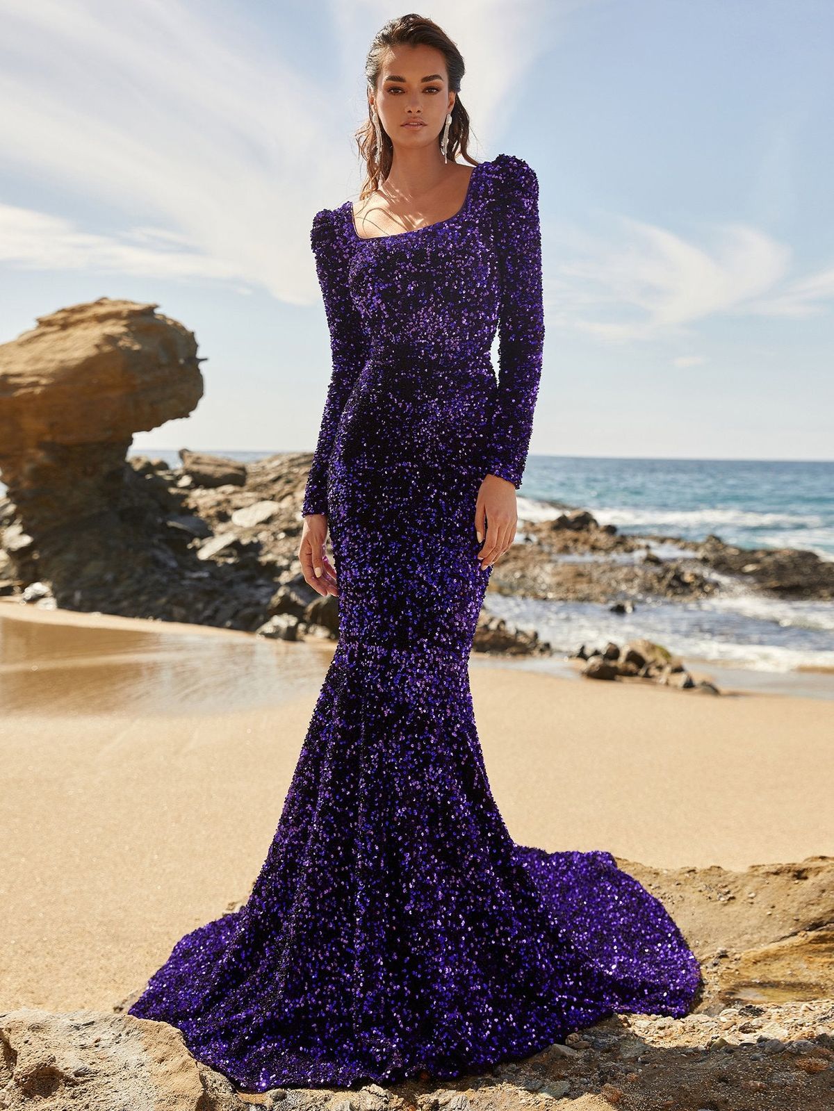 Style FSWD0382 Faeriesty Size M Prom Long Sleeve Sequined Purple Mermaid Dress on Queenly