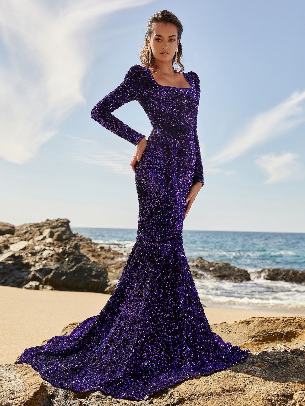 Style FSWD0382 Faeriesty Size XL Prom Long Sleeve Sequined Purple Mermaid Dress on Queenly