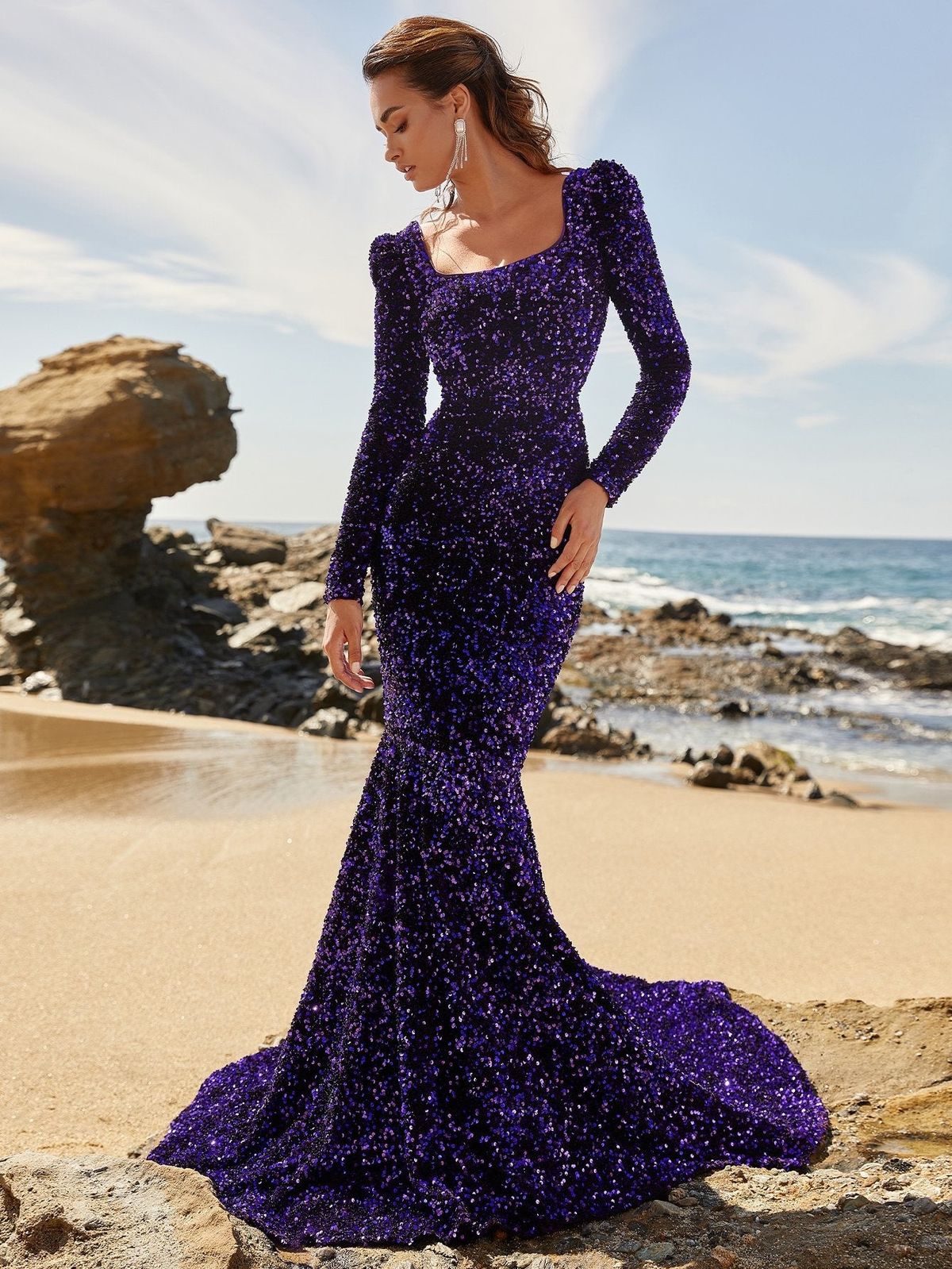 Style FSWD0382 Faeriesty Size XL Prom Long Sleeve Sequined Purple Mermaid Dress on Queenly