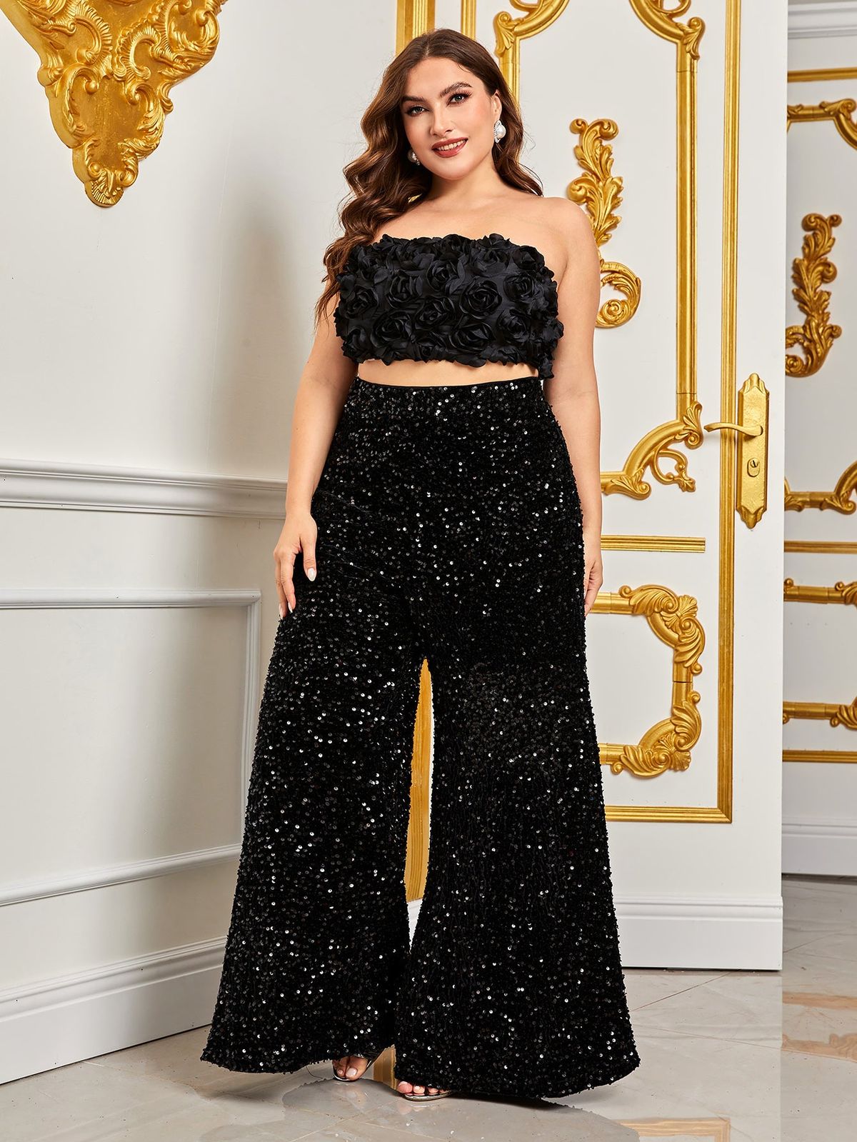 Style FSWU0357P Faeriesty Size 2X Sequined Black Floor Length Maxi on Queenly