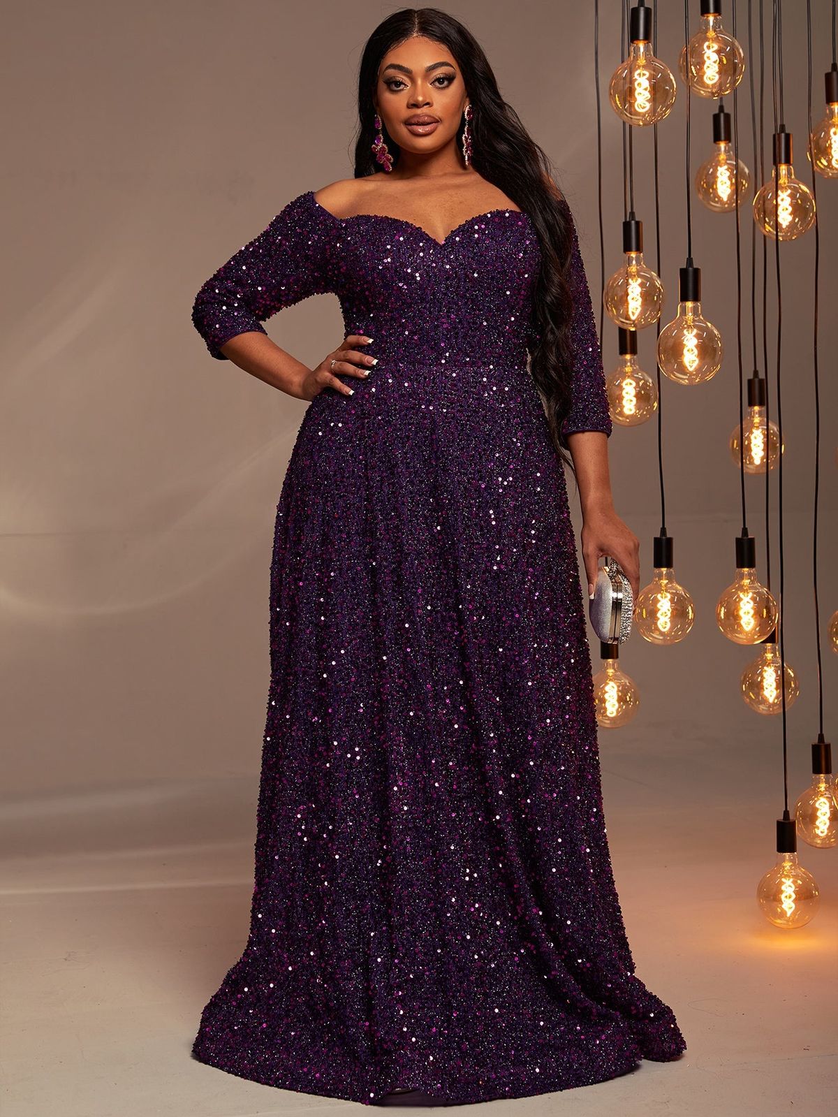 Style FSWD0427P Faeriesty Size 1X Off The Shoulder Sequined Purple A-line Dress on Queenly