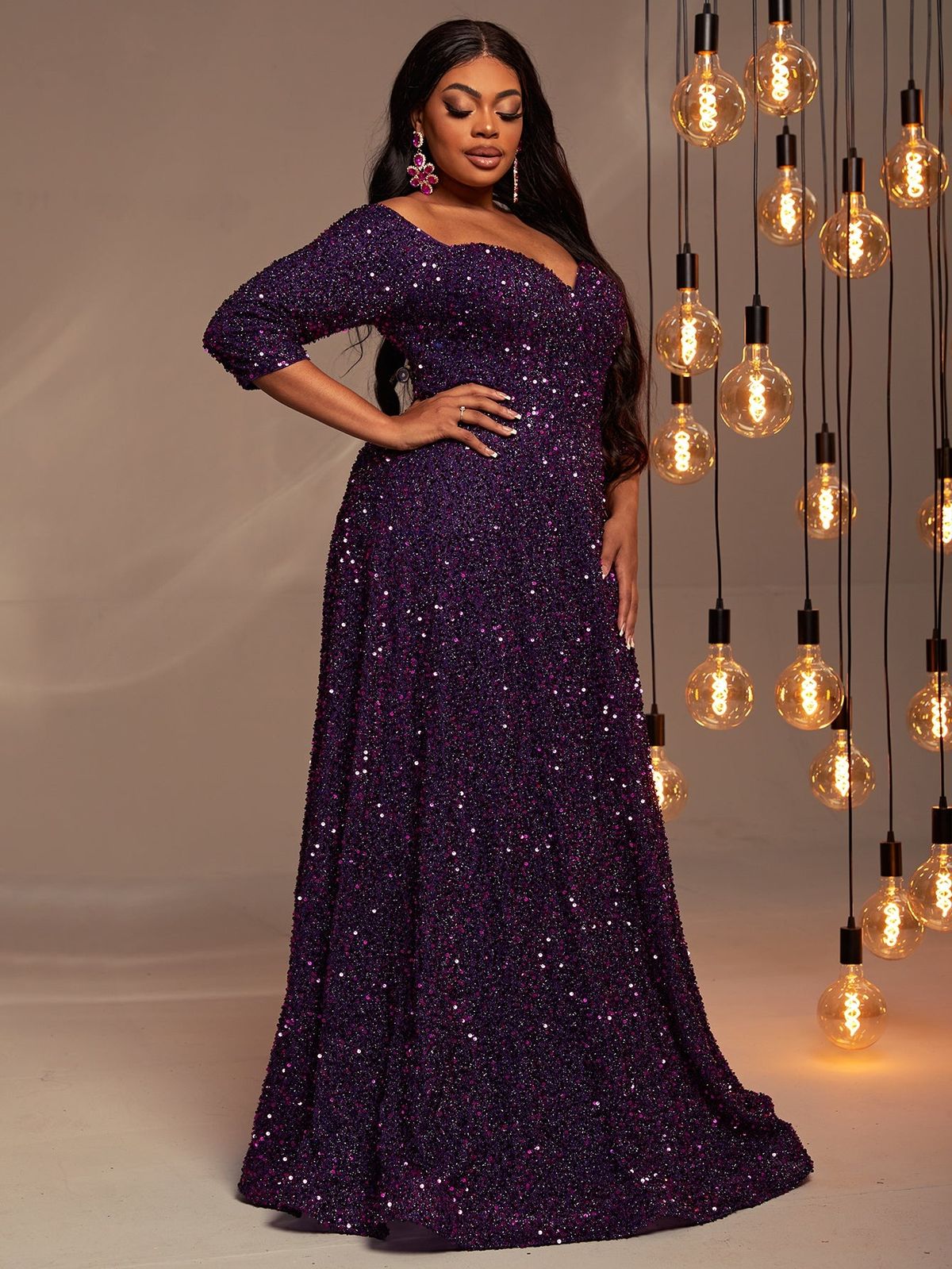 Style FSWD0427P Faeriesty Size 3X Off The Shoulder Sequined Purple A-line Dress on Queenly