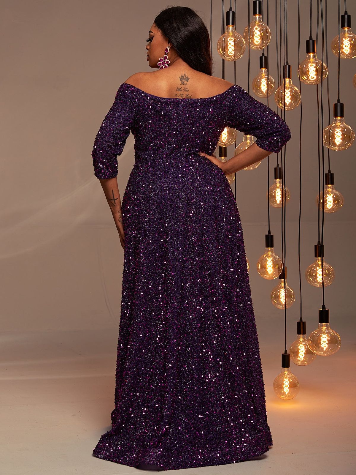 Style FSWD0427P Faeriesty Size 4X Off The Shoulder Sequined Purple A-line Dress on Queenly