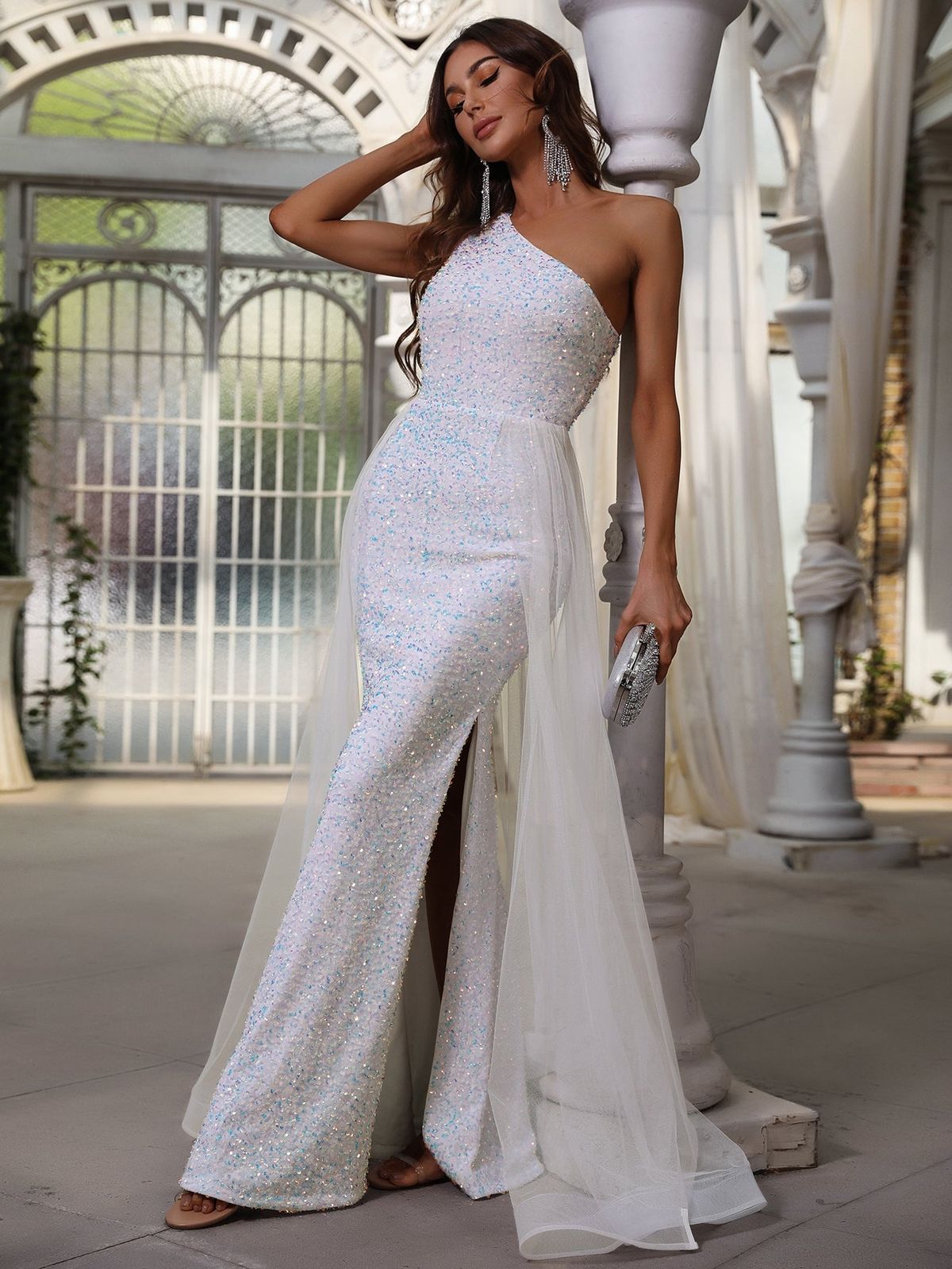 Style FSWD0437 Faeriesty Size L One Shoulder Sequined White Mermaid Dress on Queenly