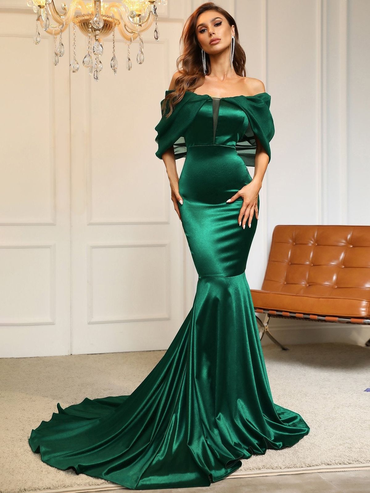 Style FSWD8019 Faeriesty Size L Off The Shoulder Green Floor Length Maxi on Queenly
