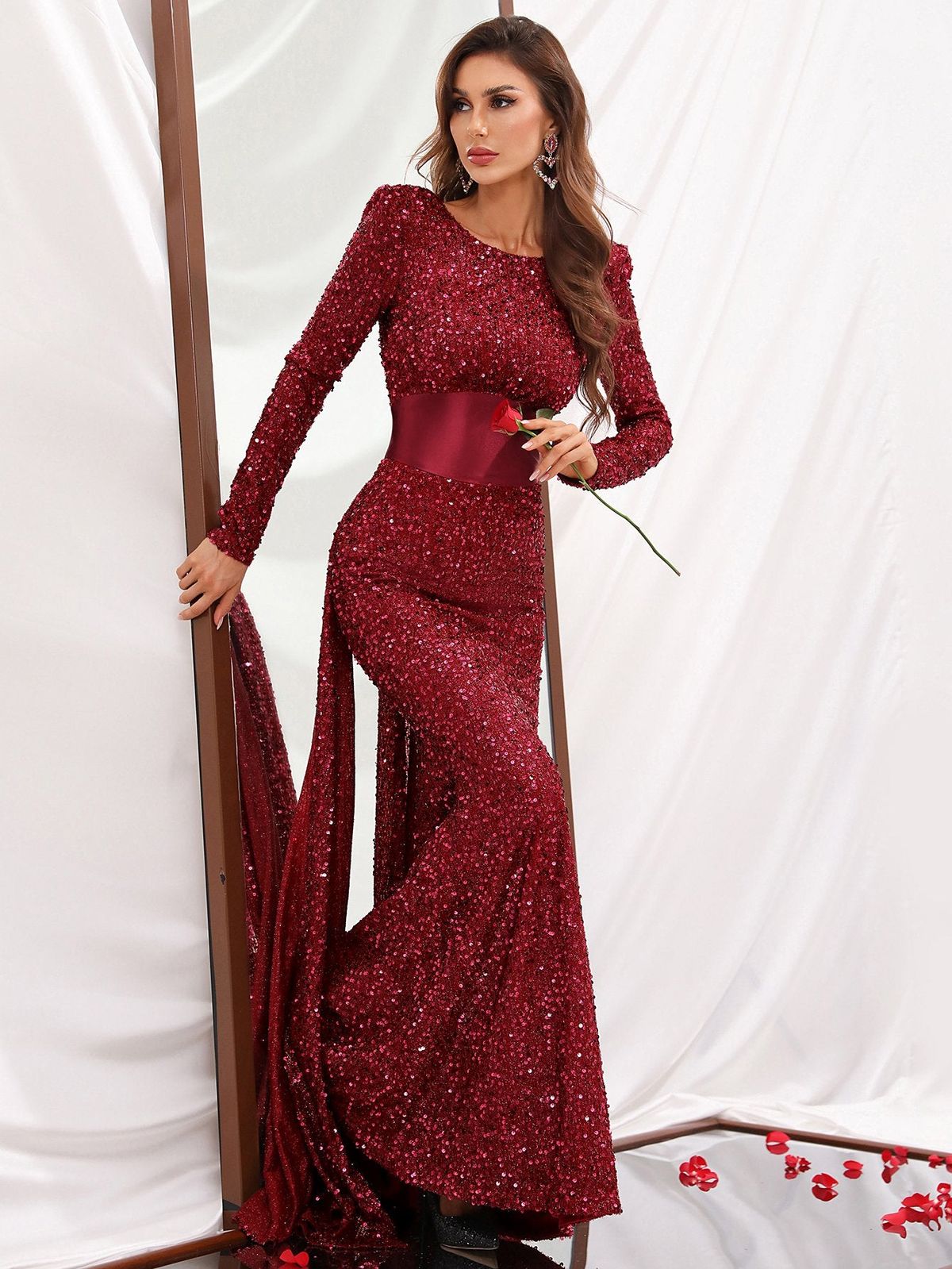 Style FSWD0410 Faeriesty Size XS Long Sleeve Sequined Burgundy Red Mermaid Dress on Queenly