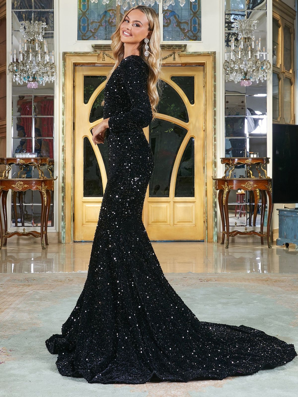 Long Sleeve Ruched Faux Wrap Sequined Gown – Elegant Threads