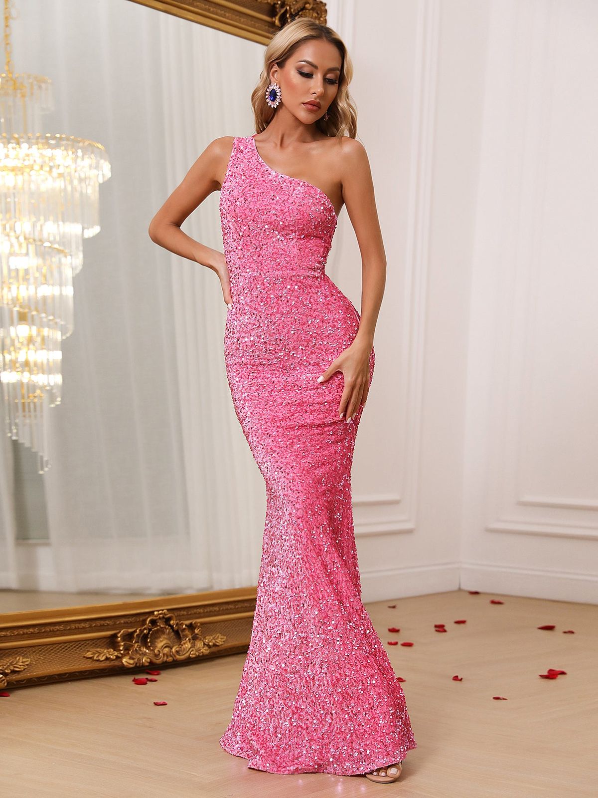 Style FSWD0533 Faeriesty Size XS Prom One Shoulder Sequined Pink Floor Length Maxi on Queenly