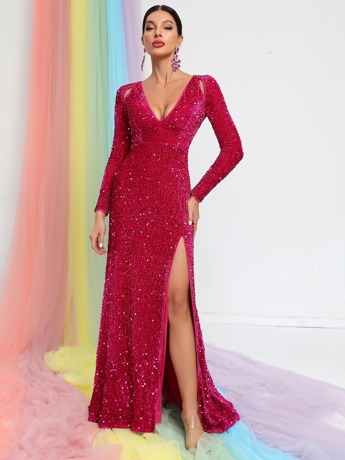 Style FSWD0590 Faeriesty Size XS Prom Long Sleeve Sequined Hot Pink Side Slit Dress on Queenly