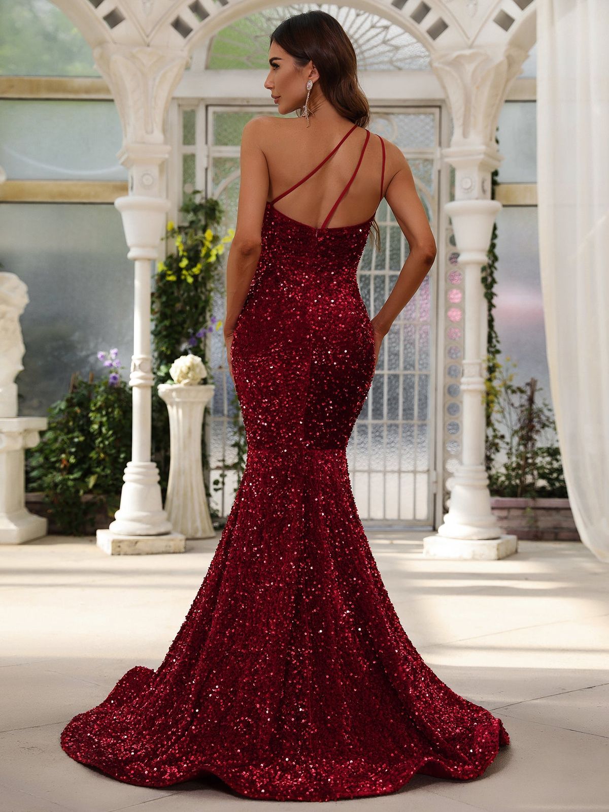 Style FSWD0588 Faeriesty Size XL Nightclub One Shoulder Sequined Burgundy Red Mermaid Dress on Queenly