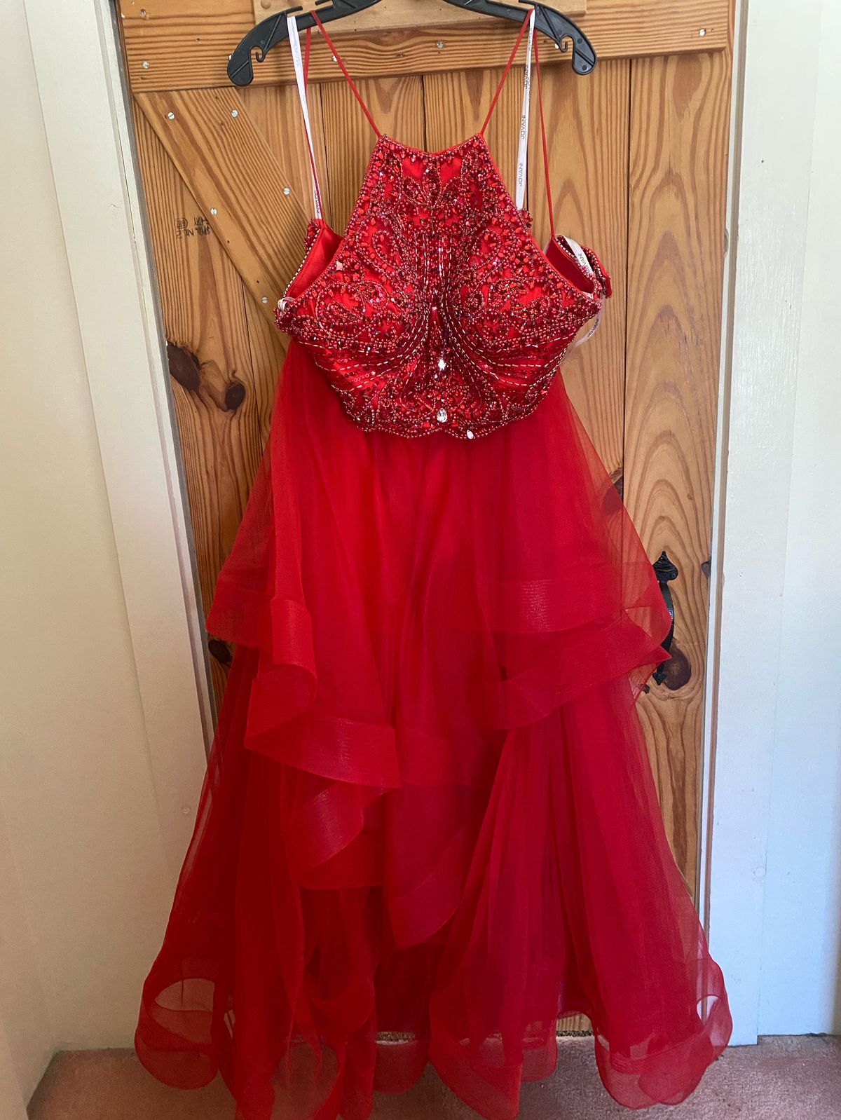 Jovani Size 12 Prom Sequined Red Ball Gown on Queenly