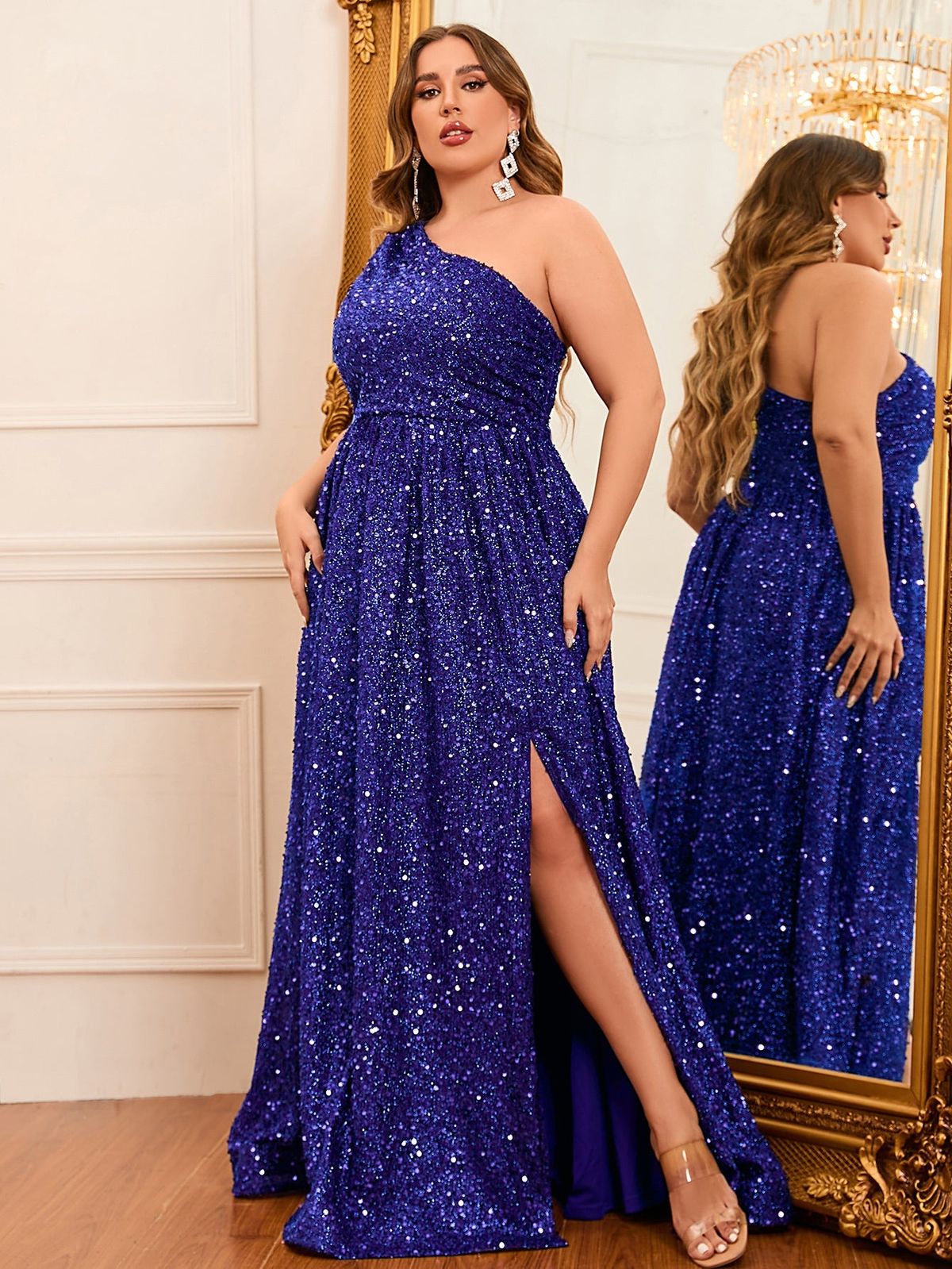 Style FSWD0431P Faeriesty Size 1X Prom One Shoulder Sequined Royal Blue A-line Dress on Queenly