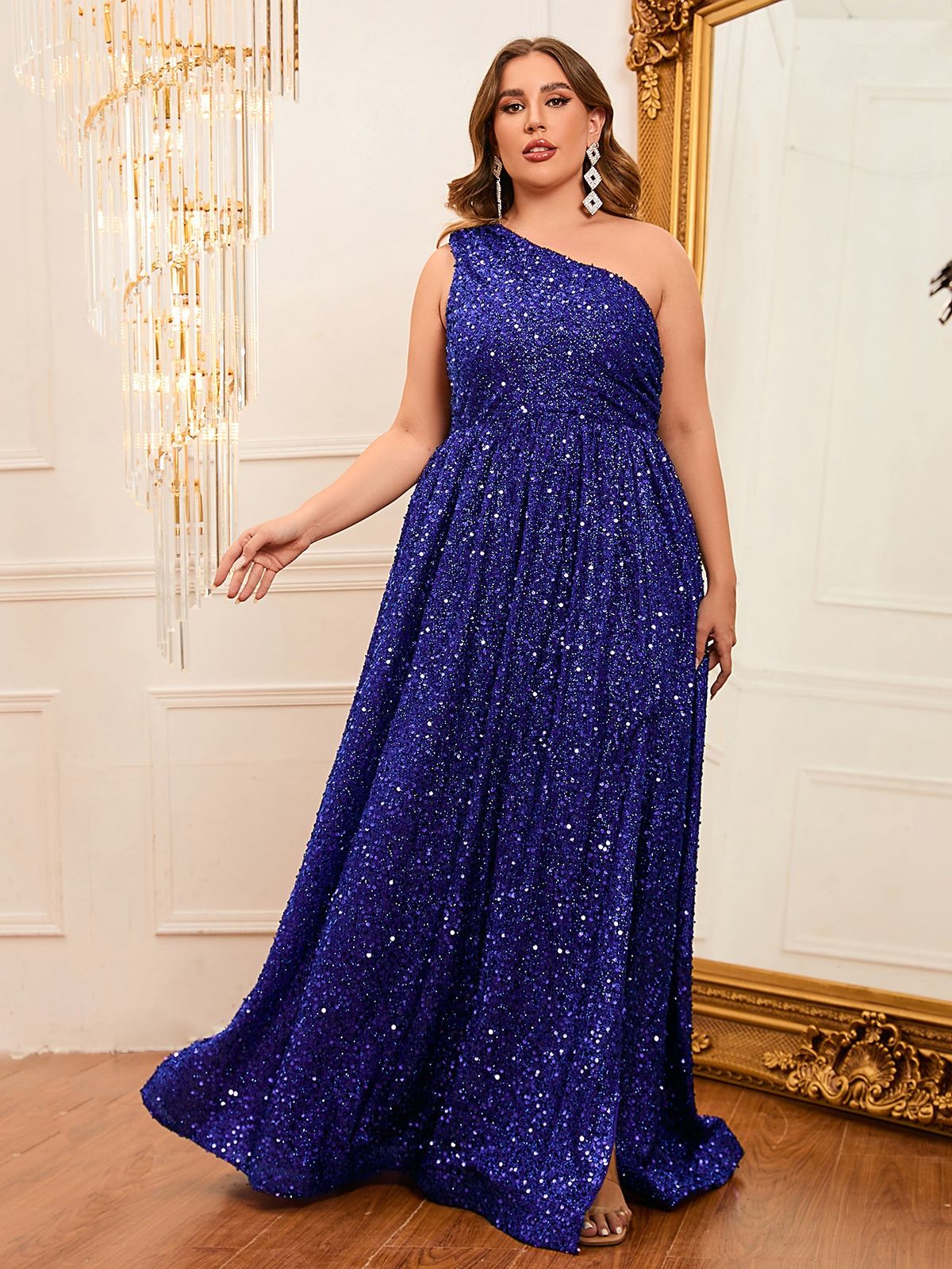 Style FSWD0431P Faeriesty Size 2X Prom One Shoulder Sequined Royal Blue A-line Dress on Queenly