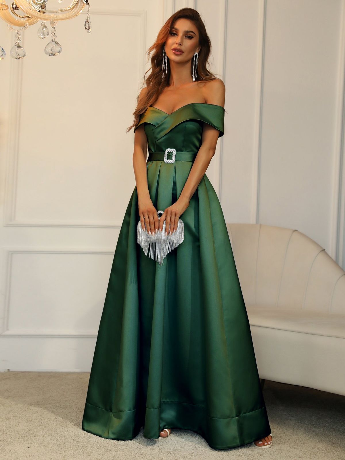 Style FSWD0195 Faeriesty Size M Prom Off The Shoulder Satin Green Ball Gown on Queenly