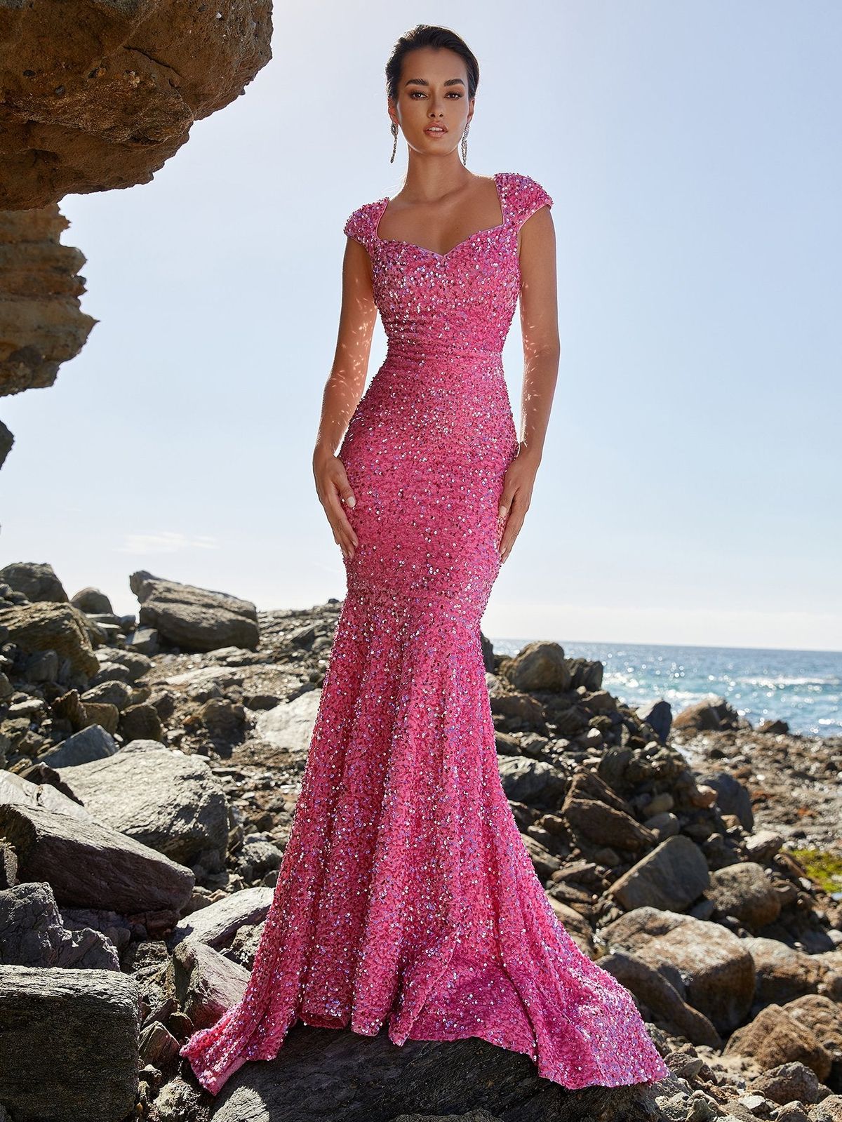 Style FSWD0397 Faeriesty Size S Prom Cap Sleeve Sequined Pink Mermaid Dress on Queenly