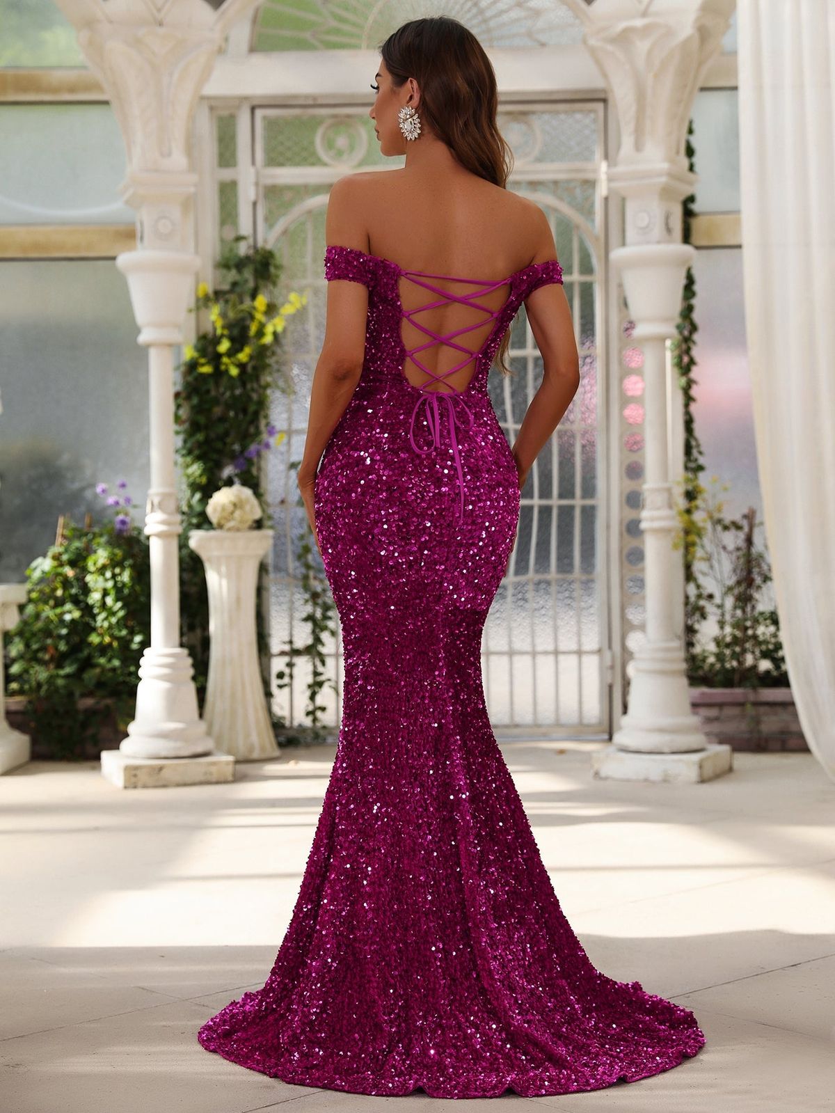 Style FSWD0587 Faeriesty Size XS Off The Shoulder Sequined Hot Pink Side Slit Dress on Queenly