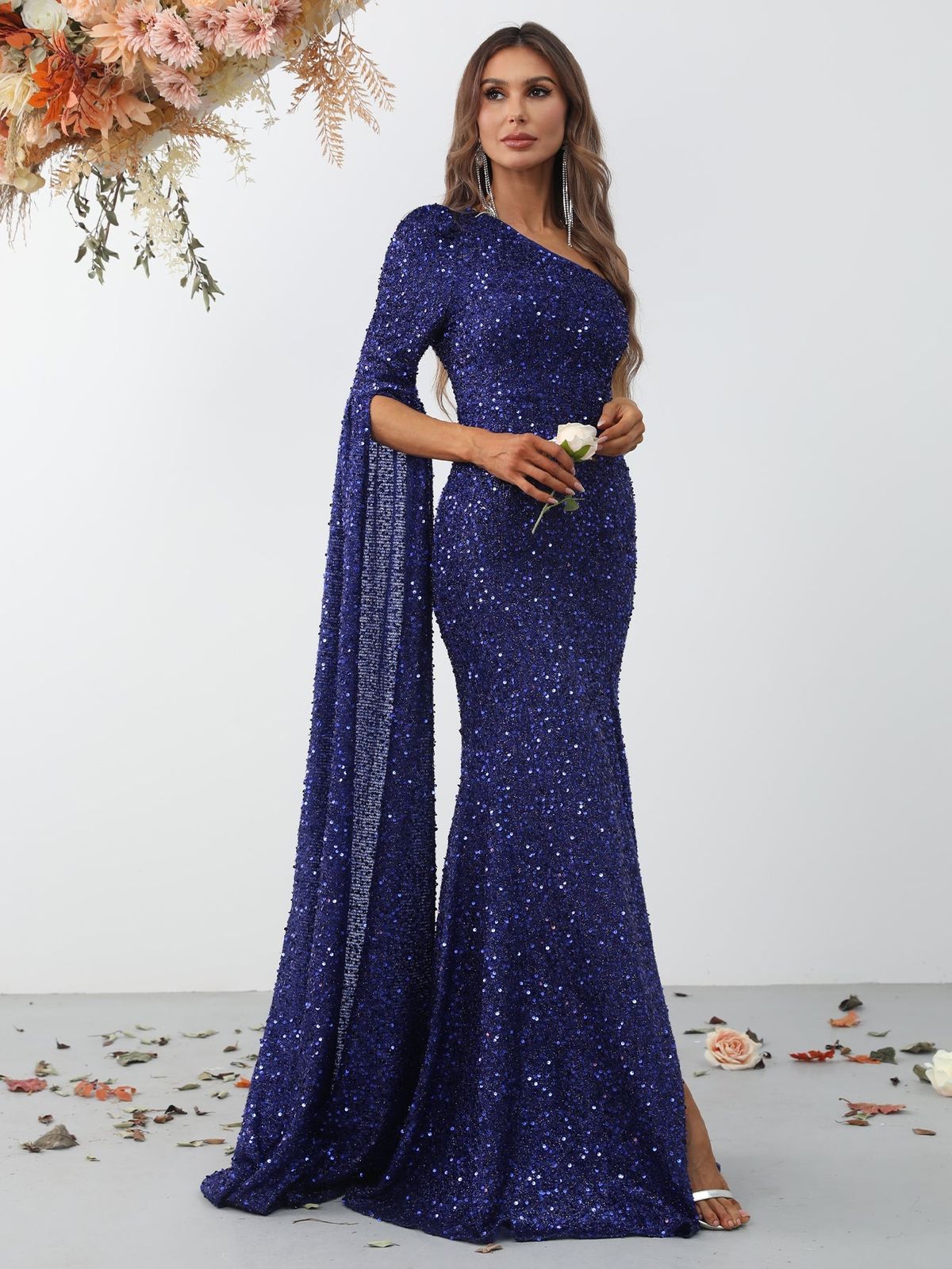 Style FSWD0789 Faeriesty Size L Prom Long Sleeve Sequined Royal Blue Side Slit Dress on Queenly