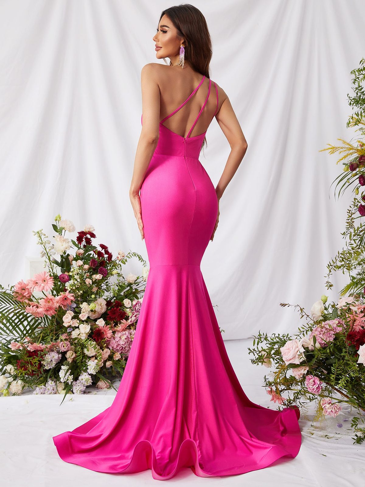 Style FSWD0773 Faeriesty Size XL Prom One Shoulder Satin Hot Pink Mermaid Dress on Queenly