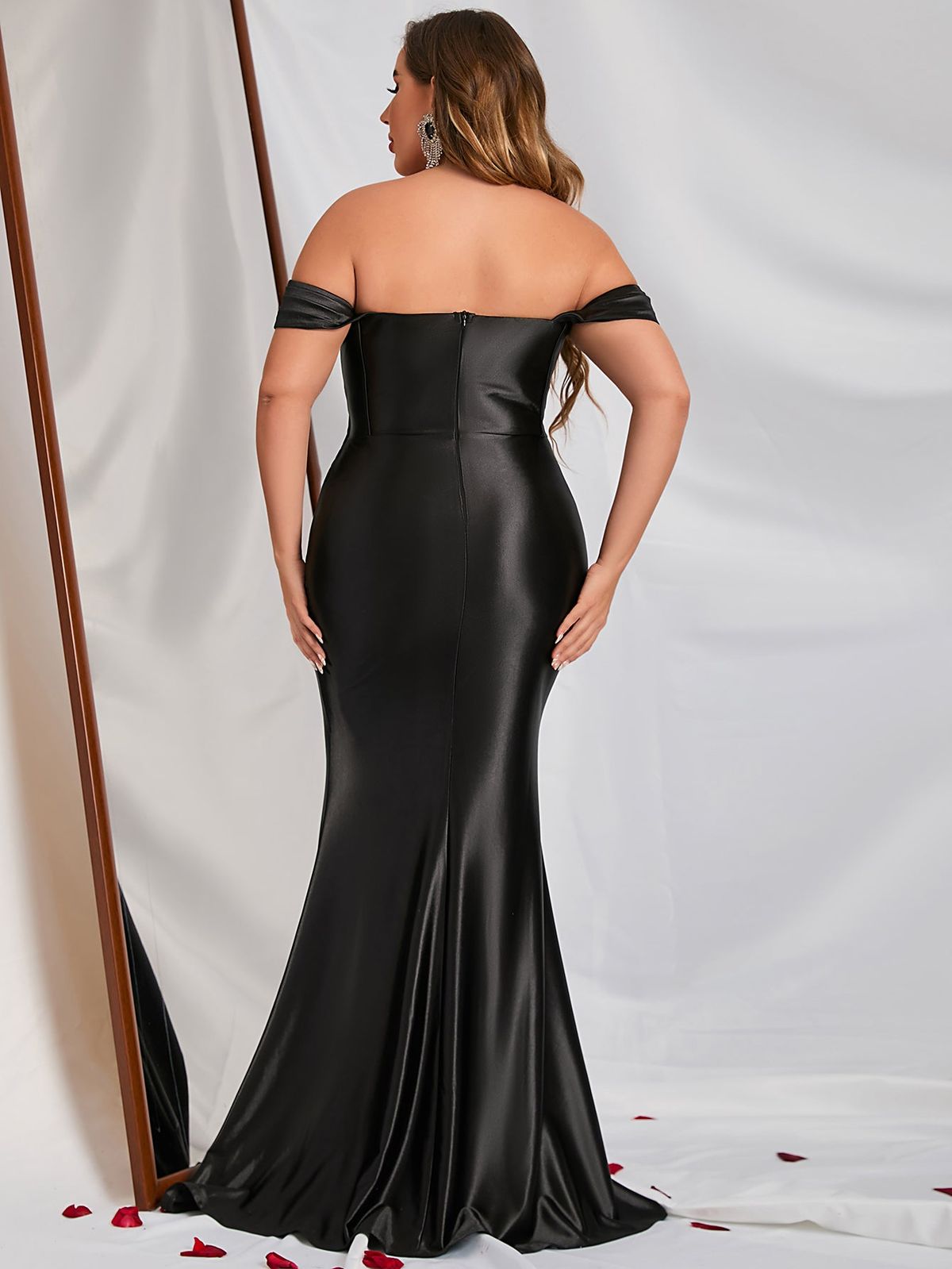 Style FSWD0302P Faeriesty Size 1X Off The Shoulder Satin Black Mermaid Dress on Queenly