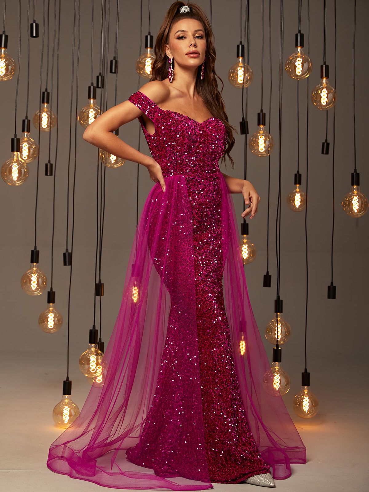 Style FSWD0478 Faeriesty Size XS Off The Shoulder Sequined Hot Pink Mermaid Dress on Queenly