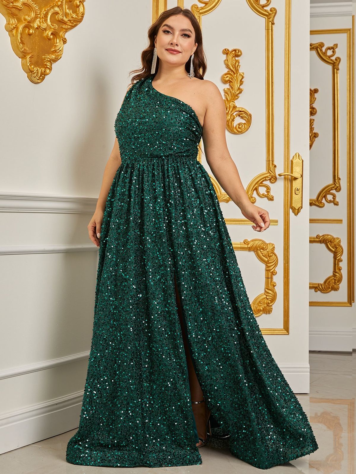 Style FSWD0431P Faeriesty Size 1X Prom One Shoulder Sequined Green A-line Dress on Queenly