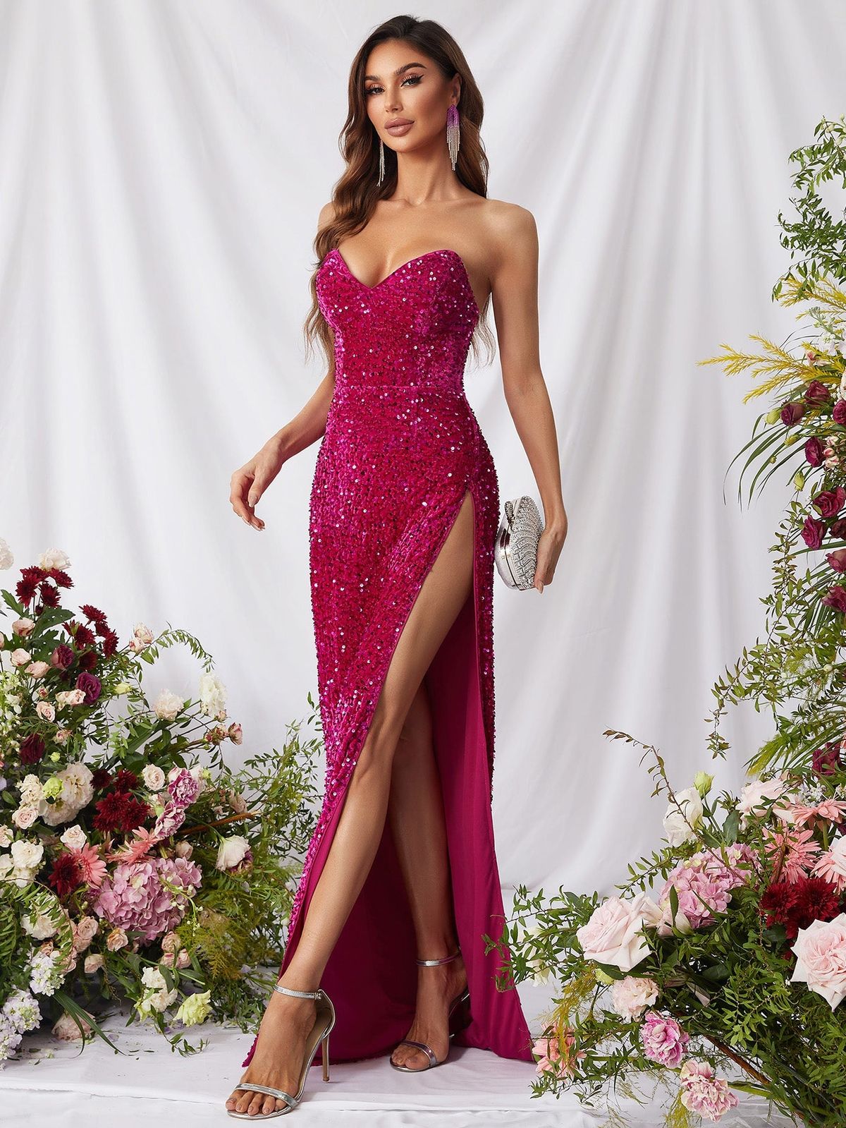Style FSWD0597 Faeriesty Size XL Sequined Hot Pink Side Slit Dress on Queenly