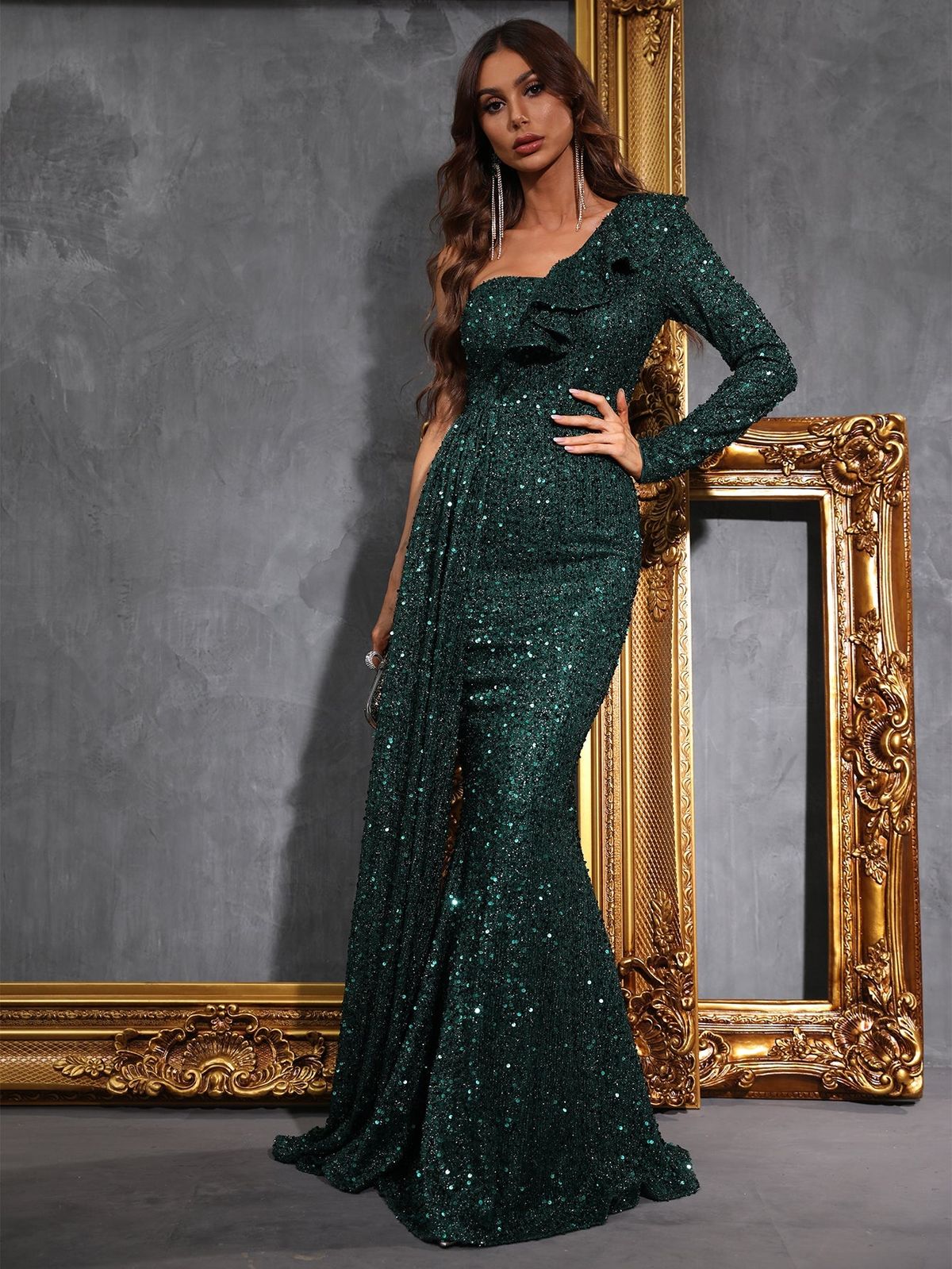 Style FSWD0402 Faeriesty Size M One Shoulder Sequined Green Mermaid Dress on Queenly