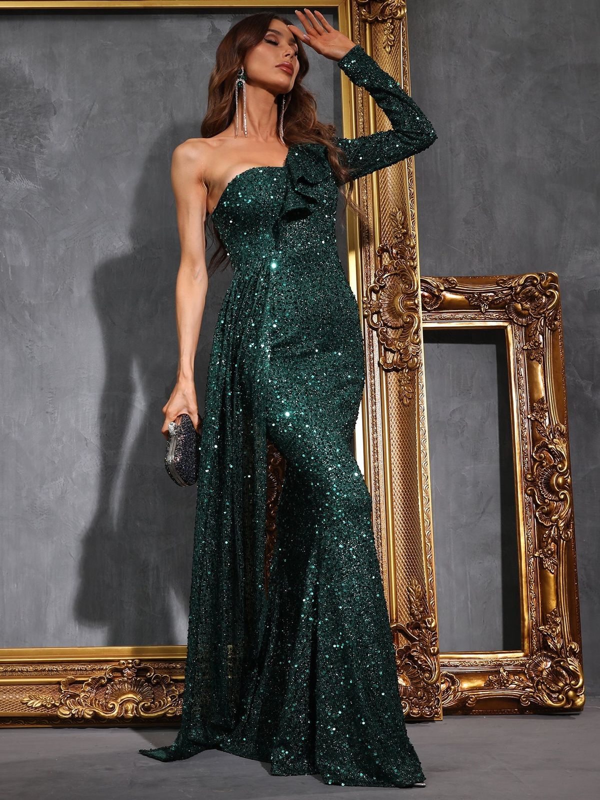 Style FSWD0402 Faeriesty Size M One Shoulder Sequined Green Mermaid Dress on Queenly
