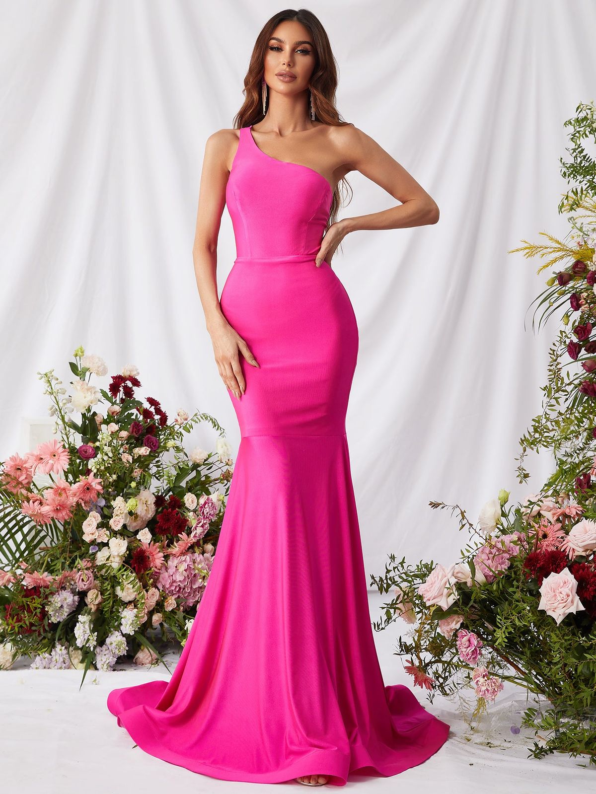 Style FSWD0773 Faeriesty Size L Prom One Shoulder Satin Hot Pink Mermaid Dress on Queenly