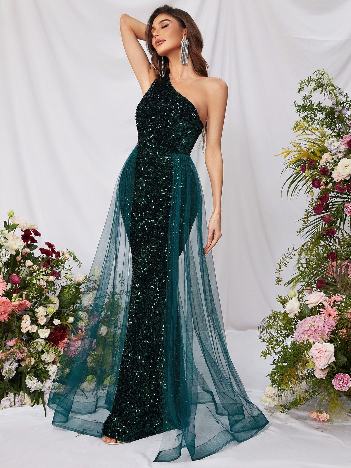 Style FSWD0437 Faeriesty Size M One Shoulder Sequined Green Mermaid Dress on Queenly