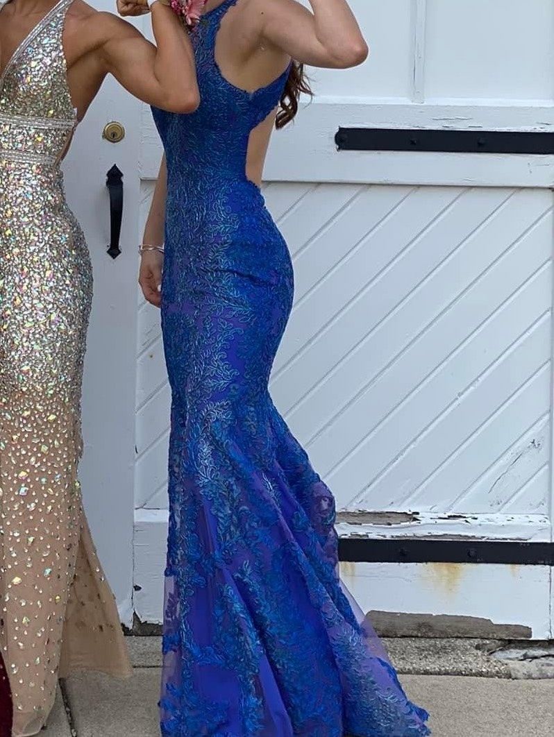 MoriLee Size 0 Prom High Neck Sequined Blue Mermaid Dress on Queenly