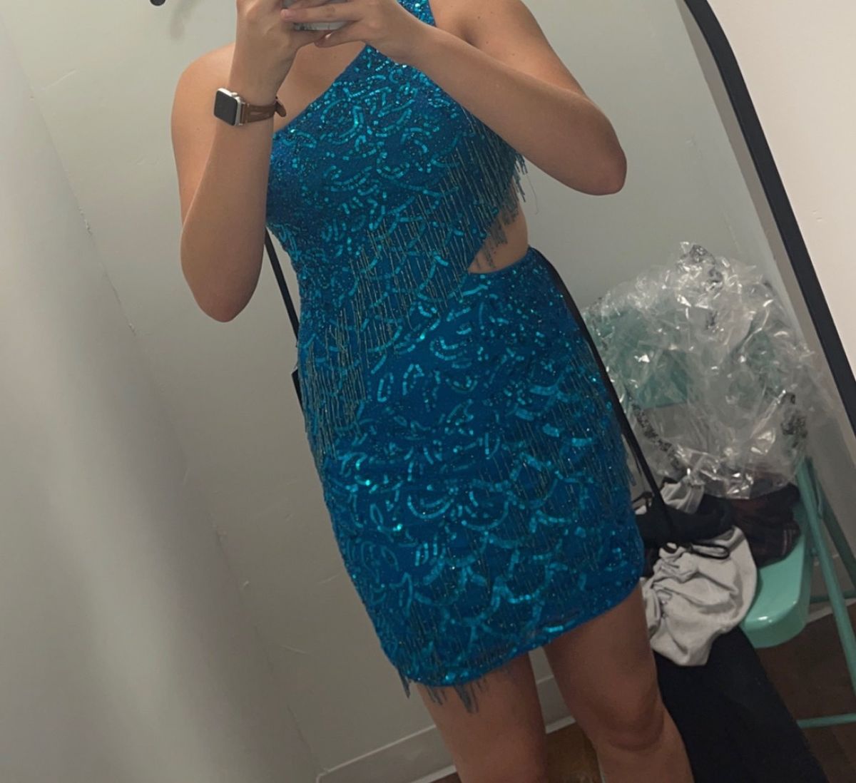 Primavera Size 8 Homecoming One Shoulder Sequined Blue Cocktail Dress on Queenly