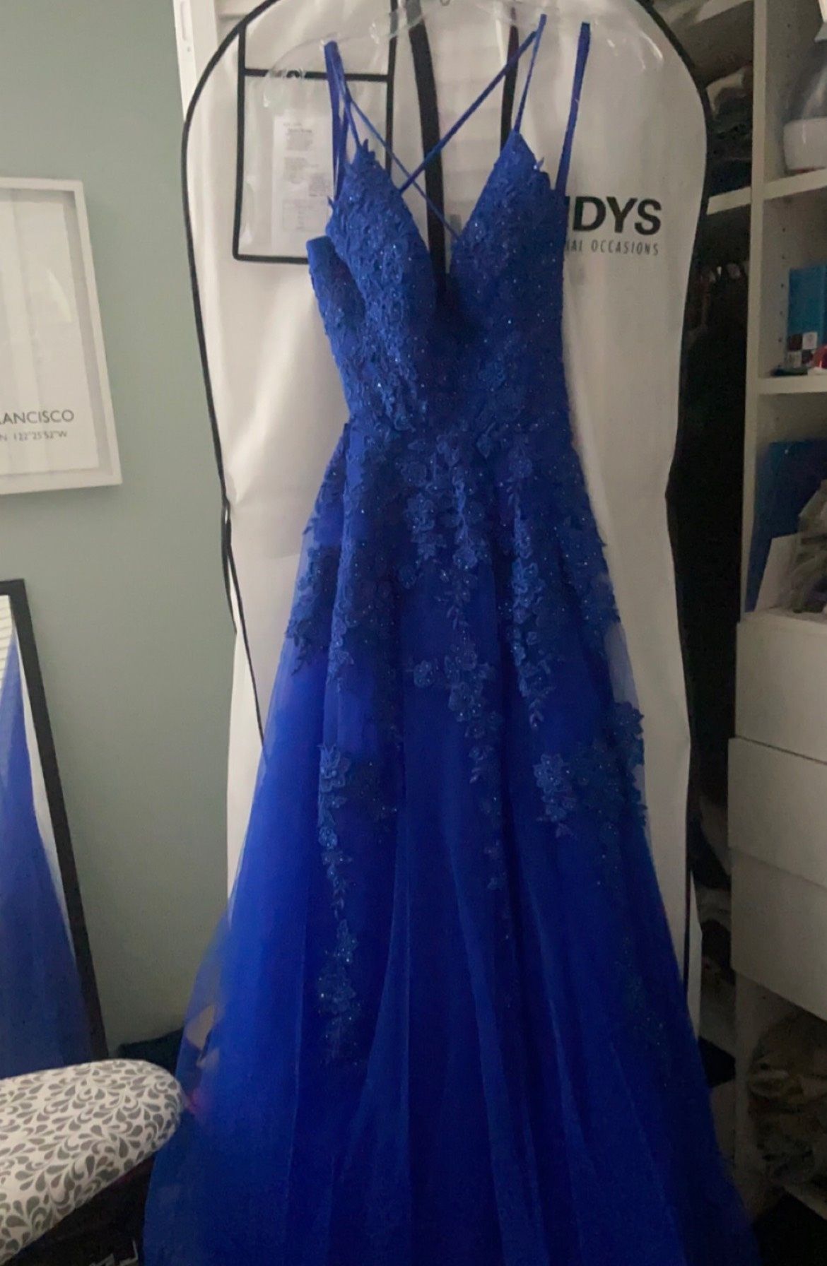 La Femme Size 2 Prom Lace Blue A-line Dress on Queenly
