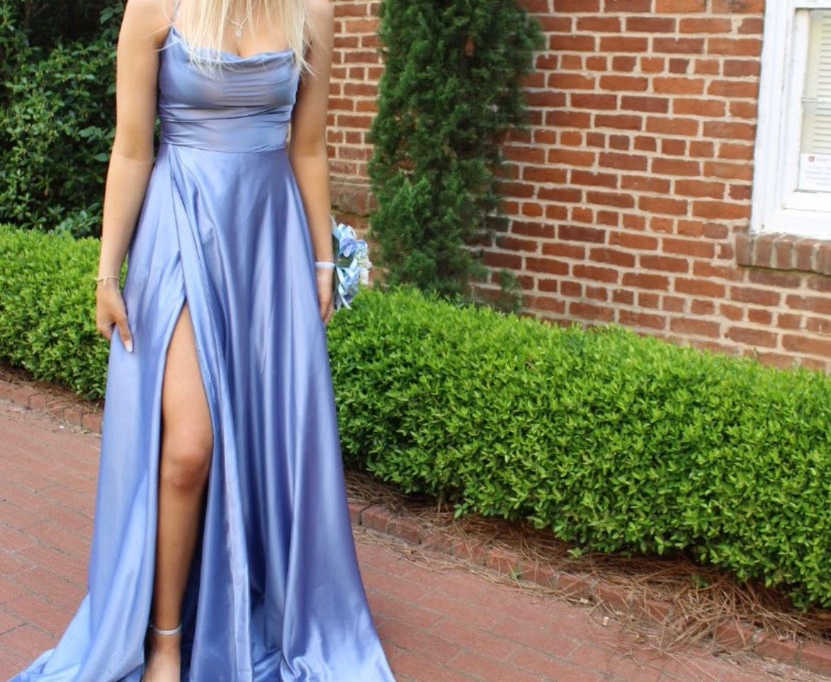 Size S Prom Satin Light Blue Side Slit Dress on Queenly