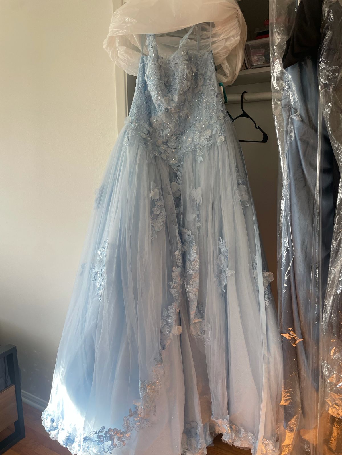 Size 14 Prom Sequined Light Blue Ball Gown on Queenly