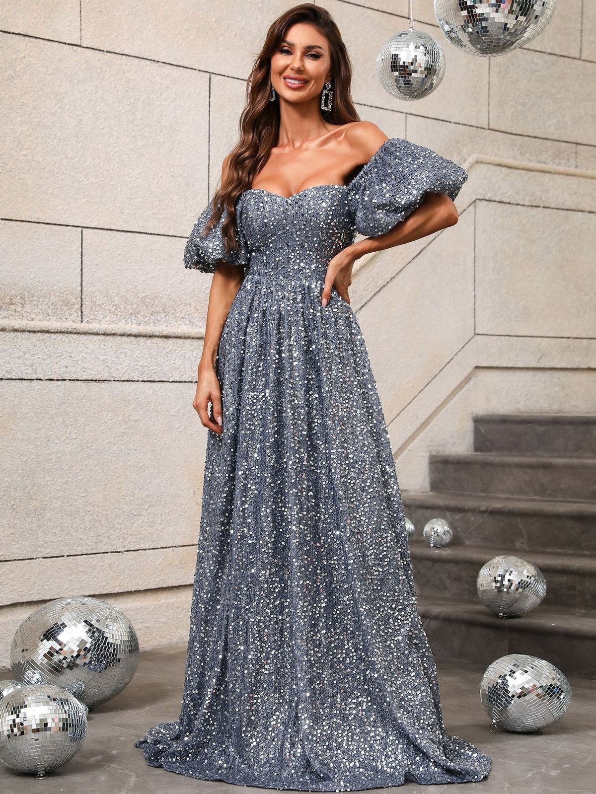 Style FSWD0494 Faeriesty Size XS Off The Shoulder Sequined Gray A-line Dress on Queenly