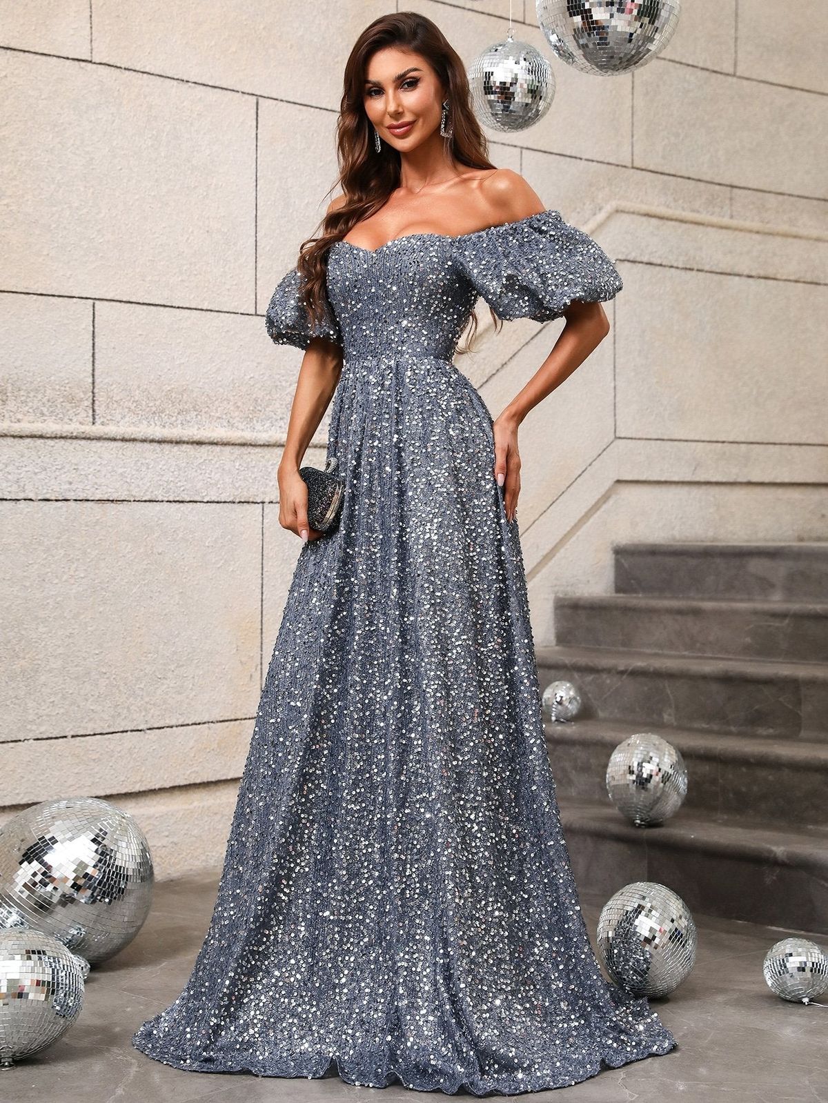 Style FSWD0494 Faeriesty Size XS Off The Shoulder Sequined Gray A-line Dress on Queenly