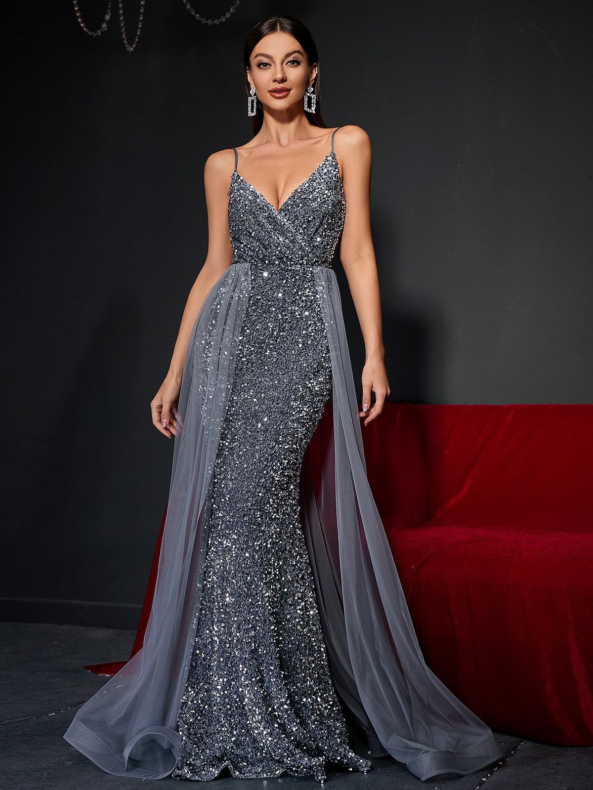 Style FSWD0399 Faeriesty Size L Sequined Gray Floor Length Maxi on Queenly