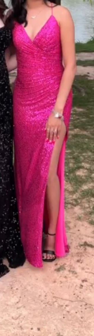 Size 0 Prom Sequined Hot Pink Side Slit Dress on Queenly