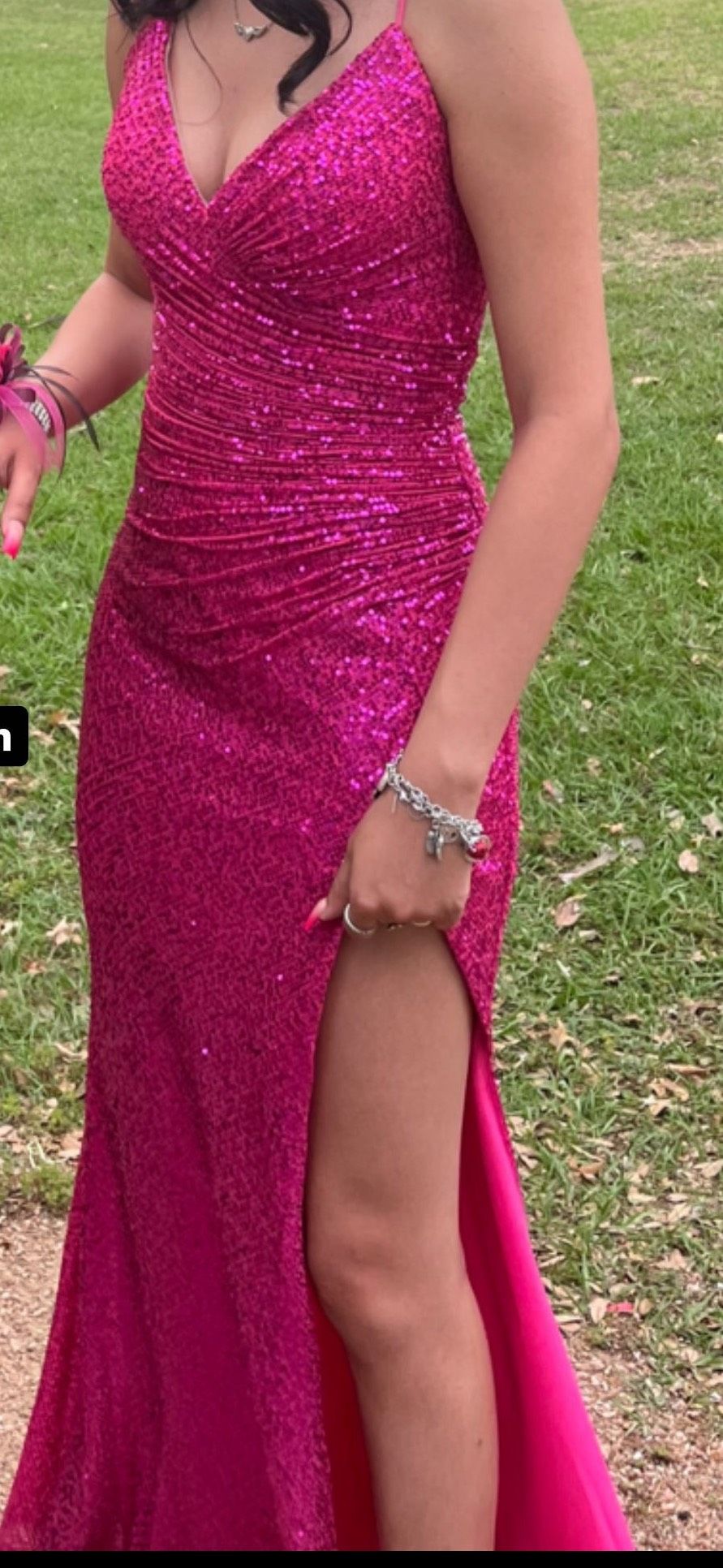 Size 0 Prom Sequined Hot Pink Side Slit Dress on Queenly