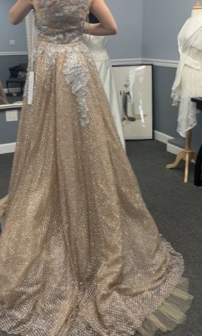 Style PS6075s  Portia and Scarlett Size 4 Prom Off The Shoulder Silver Dress With Train on Queenly