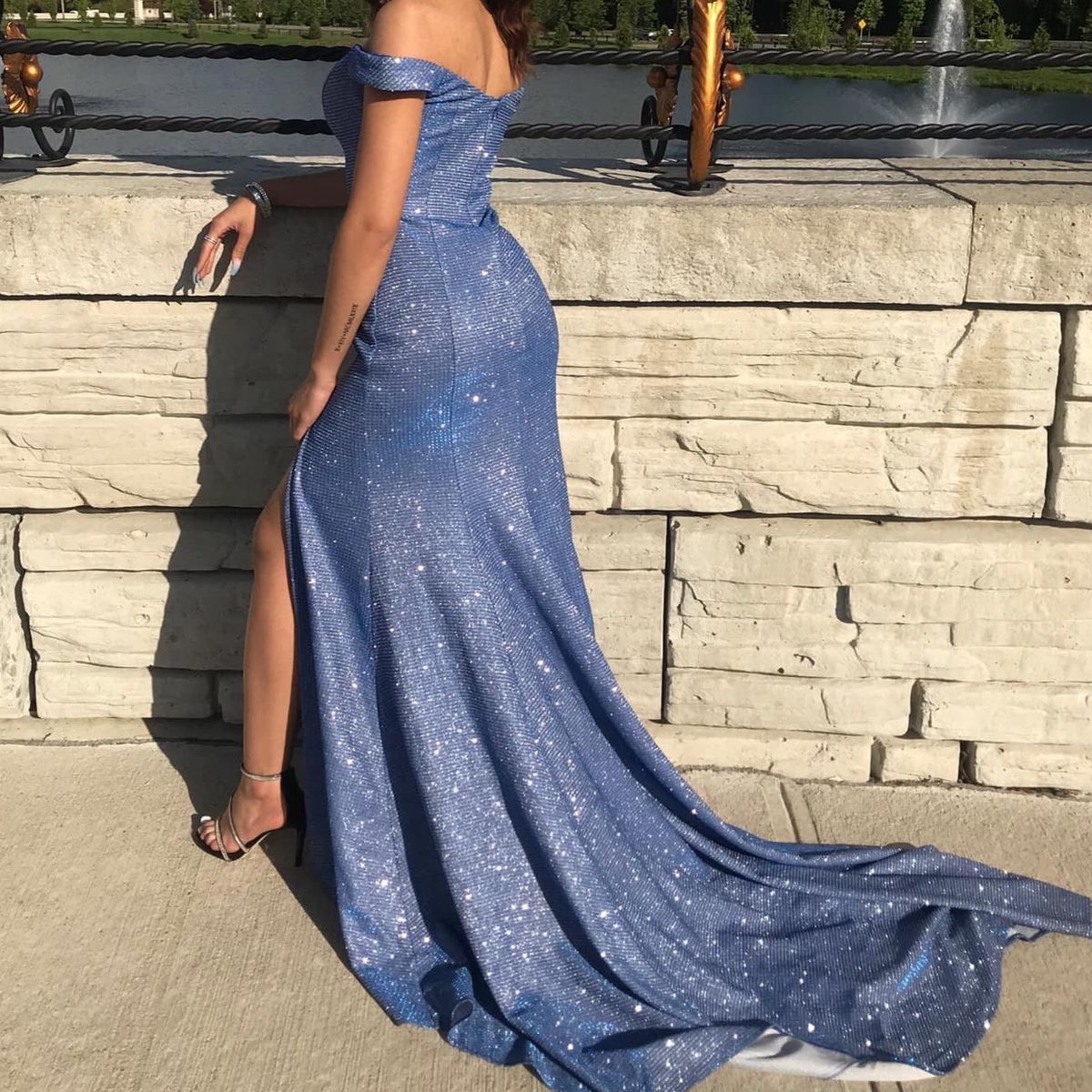 Promgirl Size S Prom Off The Shoulder Sequined Blue Mermaid Dress on Queenly