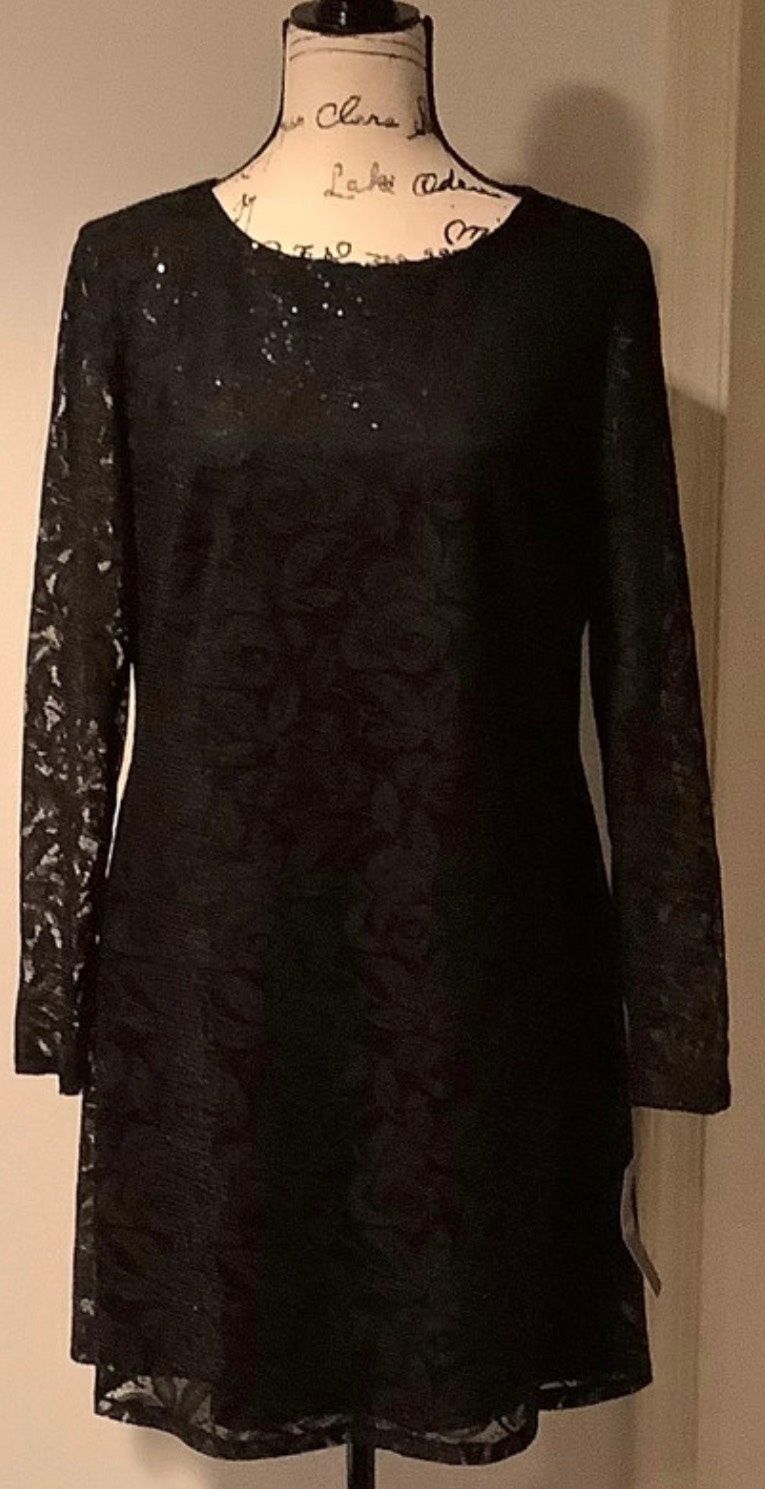 American Living Size 10 Long Sleeve Lace Black Cocktail Dress on Queenly