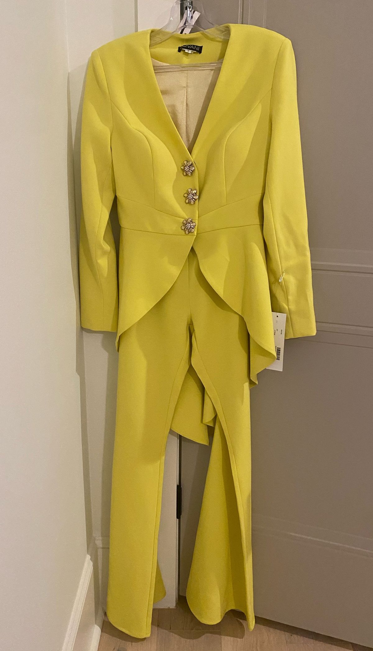 Jovani Size 2 Pageant Long Sleeve Sequined Yellow Formal Jumpsuit on Queenly