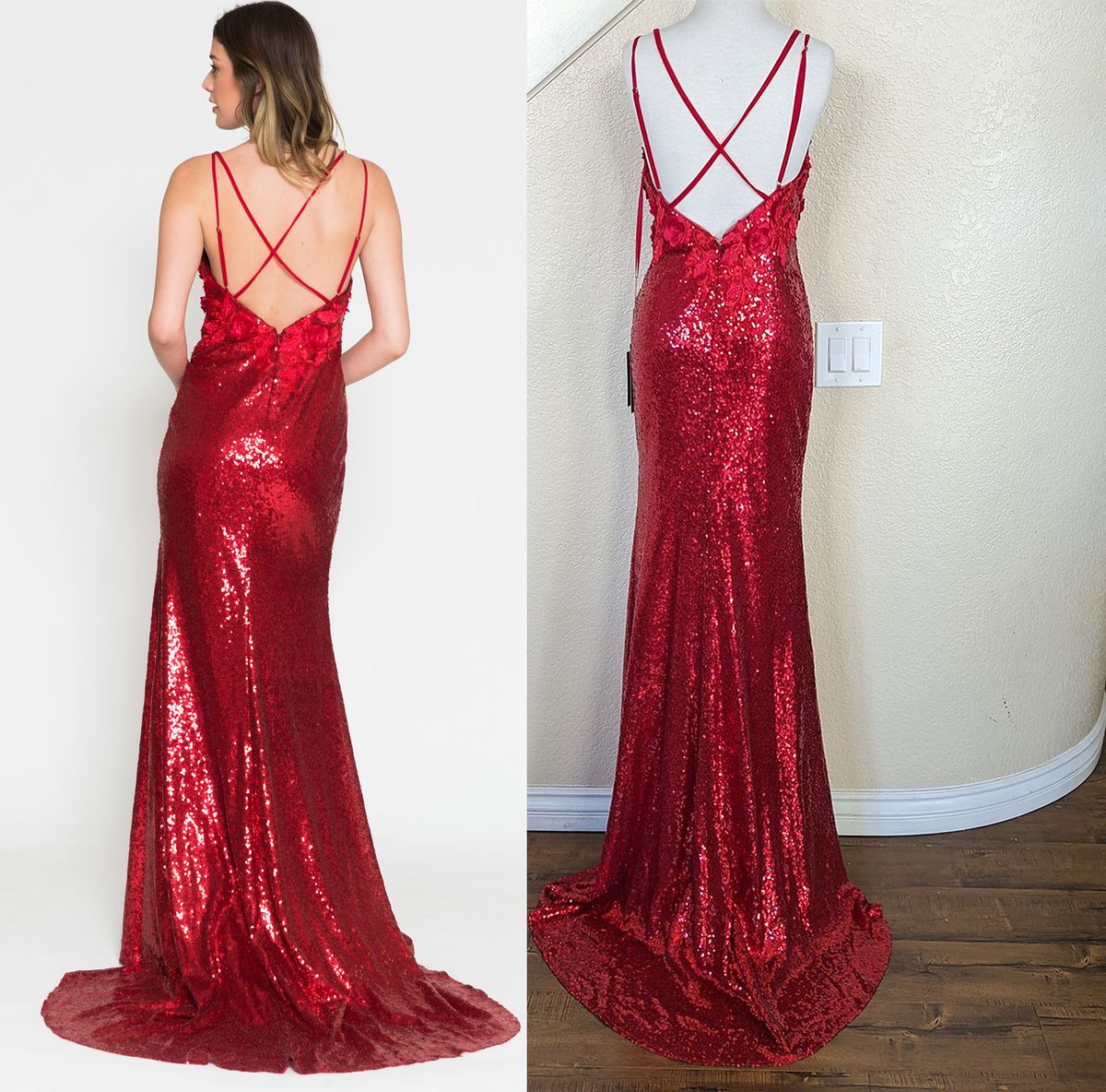 Style Red Sequined Floral Plunging V-Neck Mermaid Formal Gown Amelia Couture Size 4 Prom Plunge Floral Red Side Slit Dress on Queenly