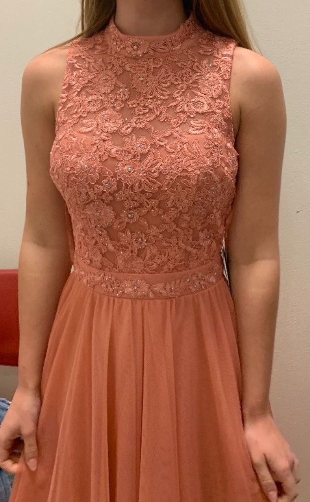 Size 2 Bridesmaid High Neck Lace Coral Dress With Train on Queenly