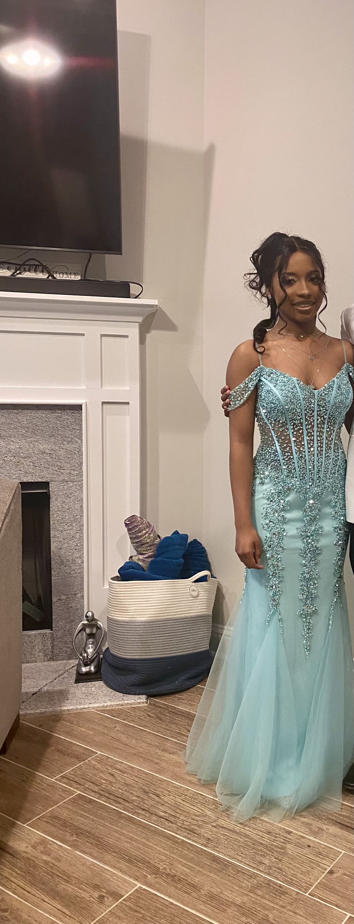 Jovani Size 2 Prom Off The Shoulder Sequined Light Blue Mermaid Dress on Queenly